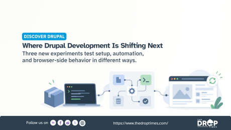 "Discover Drupal. Where Drupal Development Is Shifting Next. Three new experiments test setup, automation, and browser side behavior in different ways." A package box and coding screen connect to an automation workflow diagram and then to a browser window with a refresh symbol.  ￼ ￼ ￼