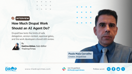 The Drop Times interview hero featuring Paulo Maia Carvalho, creator of DrupalClaw, beside the headline “How Much Drupal Work Should an AI Agent Do?” with a deck about safe delegation, version context, approval gates, and developer review. The image also credits interviewer Kazima Abbas, Sub-Editor at TheDropTimes.