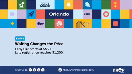Colorful DrupalCon Orlando event graphic with playful travel and theme park icons across the top. Text reads "22 25 March". "Orlando". "2027". "EVENT". "Waiting Changes the Price". "Early Bird starts at $650". "Late registration reaches $1,200".