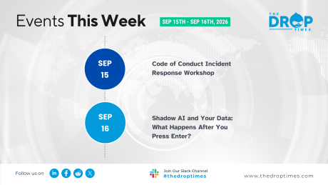 Weekly events graphic reading "Events This Week. SEP 15TH - SEP 16TH 2026. SEP 15. Code of Conduct Incident Response Workshop. SEP 16. Shadow AI and Your Data. What Happens After You Press Enter." The Drop Times branding appears with social links and the website.