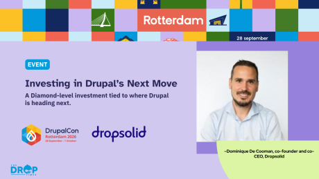 A DrupalCon Rotterdam 2026 promotional graphic over a blurred evening waterfront scene with six circular speaker portraits on the right. Text reads "DrupalCon Rotterdam 2026" "28 September - 1 October" "AI in Drupal, With Humans Still in Control" and "Workspaces, migrations, accessibility, and editorial workflows put automation into practice." The speakers are labeled "Ajit Shinde" "Adam Nagy" "Daniel Angelov" "John Jameson" "Christopher Torgalson" and "Wolfgang Ziegler" with footer text "https://www.thedro