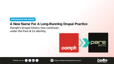 Organization news graphic showing the Oomph logo transitioning through teal arrows to the Pare and Co logo. The text says "A New Name For A Long Running Drupal Practice. Oomph’s Drupal history now continues under the Pare and Co identity."