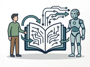 Illustration of a person and a humanoid robot standing on opposite sides of an open book filled with circuit patterns. Arrows and connected lines move between the book and the robot to show information flowing between human knowledge and AI.