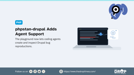 PHP graphic about agent support with a coding interface illustration and phpstan-drupal mascot. Text reads "PHP". "phpstan-drupal Adds Agent Support". "The playground now lets coding agents create and inspect Drupal bug reproductions". "Follow us on". "https://www.thedroptimes.com/". "THE DROP TIMES".