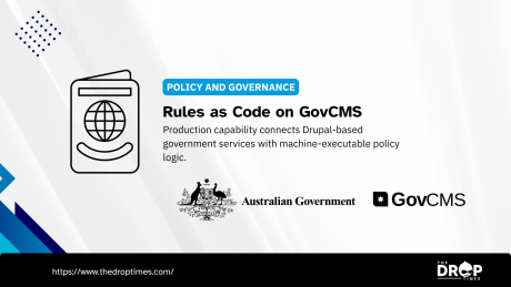 Policy and governance graphic with a passport style icon and Australian Government and GovCMS branding. Text reads "POLICY AND GOVERNANCE". "Rules as Code on GovCMS". "Production capability connects Drupal based government services with machine executable policy logic". "Australian Government". "GovCMS". "https www.thedroptimes.com". "THE DROP TIMES".