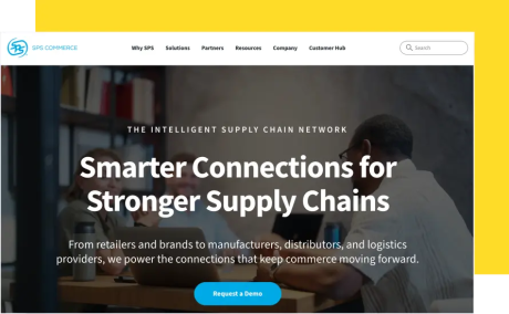 Screenshot of the SPS Commerce homepage showing the headline “Smarter Connections for Stronger Supply Chains” over an office meeting image, with navigation and a “Request a Demo” button.