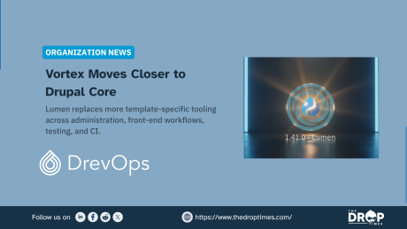 Light blue graphic with the DrevOps logo and a dark product card showing a glowing Vortex Lumen symbol. Text reads "ORGANIZATION NEWS" "Vortex Moves Closer to Drupal Core" "Lumen replaces more template-specific tooling across administration, front-end workflows, testing, and CI." and "1.41.0 - Lumen".