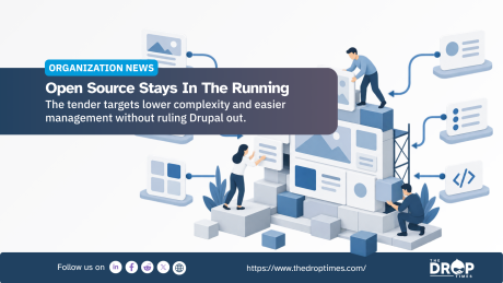"ORGANIZATION NEWS. Open Source Stays In The Running. The tender targets lower complexity and easier management without ruling Drupal out." An illustration shows three people assembling a modular website from connected content and code components to represent rebuilding a platform while keeping open source options available.
