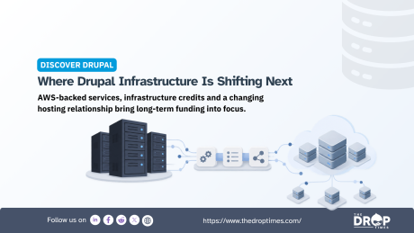 “DISCOVER DRUPAL.” “Where Drupal Infrastructure Is Shifting Next.” “AWS backed services. infrastructure credits and a changing hosting relationship bring long term funding into focus.” A diagram connects traditional server racks with cloud infrastructure to illustrate the shift in Drupal hosting.