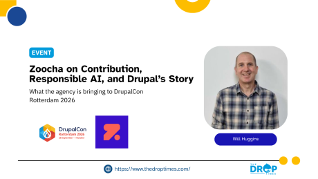 “Zoocha on Contribution, Responsible AI, and Drupal’s Story.” “What the agency is bringing to DrupalCon Rotterdam 2026.” Portrait labeled “Will Huggins.”