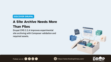 A pale blue Drupal graphic shows an archive box filled with website files and assets. The headline reads "A Site Archive Needs More Than Files" with details about Drupal CMS 2.2.4 improving site archiving through Composer validation and required assets.