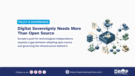 Digital sovereignty graphic showing a map of Europe on a server connected to cloud infrastructure and network nodes. Text reads "Digital Sovereignty Needs More Than Open Source" and "Europe's push for technological independence exposes a gap between adopting open source and governing the infrastructure behind it."