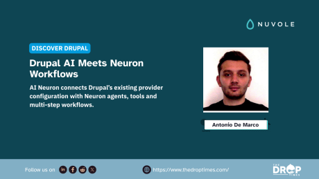Graphic with a portrait labeled "Antonio De Marco" and the Nuvole logo. Text reads "Discover Drupal. Drupal AI Meets Neuron Workflows. AI Neuron connects Drupal’s existing provider configuration with Neuron agents tools and multi step workflows."