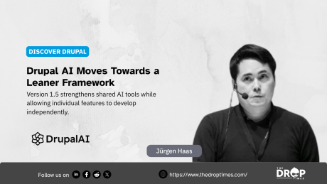 A black and white portrait labeled "Jürgen Haas" appears beside the DrupalAI logo. The headline reads "Drupal AI Moves Towards a Leaner Framework" with details about version 1.5 strengthening shared AI tools while allowing features to develop independently.