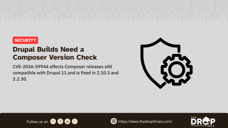 Security graphic with a shield and gear icon. Text reads "Drupal Builds Need a Composer Version Check. CVE-2026-59944 affects Composer releases still compatible with Drupal 11 and is fixed in 2.10.3 and 2.2.30."