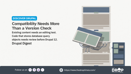 A Discover Drupal poster from The Drop Times titled "Compatibility Needs More Than a Version Check." The illustration shows a website content panel pulled away from a larger system, exposing connected wires and internal components that represent dependencies beneath the visible interface. The poster highlights the need to test editing existing content and review code that stores database query objects before upgrading to Drupal 12, rather than relying on version compatibility alone.