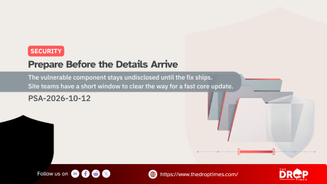 Security graphic titled "Prepare Before the Details Arrive" highlights PSA 2026 10 12 and the need for a fast Drupal core update. Layered folders and a protective shield illustrate preparation before vulnerability details are disclosed.