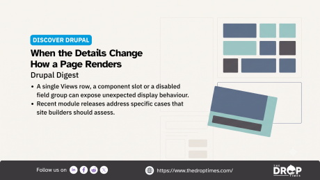 Discover Drupal graphic titled "When the Details Change How a Page Renders" featuring layered webpage layouts. The Drupal Digest highlights unexpected display behaviour caused by Views rows, component slots and field groups.