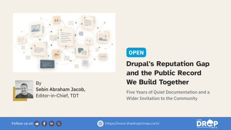 Editorial illustration of connected documents, images, code and conversation cards forming a shared knowledge network, alongside the headline “Drupal's Reputation Gap and the Public Record We Build Together.”