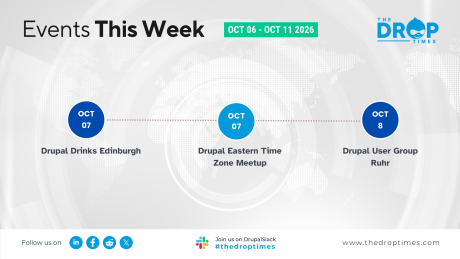 Weekly Drupal events graphic with three events arranged across a world map background. Text reads "Events This Week. OCT 06 - OCT 11 2026. OCT 07. Drupal Drinks Edinburgh. OCT 07. Drupal Eastern Time Zone Meetup. OCT 8. Drupal User Group Ruhr. THE DROP TIMES. Follow us on. Join us on DrupalSlack. #thedroptimes. www.thedroptimes.com."
