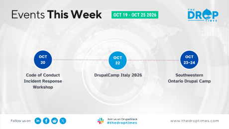 Light gray event calendar graphic from "THE DROP TIMES" featuring a world map background and the heading "Events This Week" with the date range "OCT 19 - OCT 25 2026". Three events appear along a horizontal timeline. "OCT 20" features "Code of Conduct Incident Response Workshop". "OCT 22" features "DrupalCamp Italy 2026". "OCT 23-24" features "Southwestern Ontario Drupal Camp". The footer displays "Follow us on" beside social media icons and "Join us on DrupalSlack" with "#thedroptimes" and "www.thedroptime