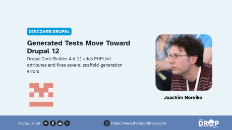 A pale blue Discover Drupal graphic features a portrait labeled "Joachim Noreiko" beside the Drupal Code Builder logo. Text reads "DISCOVER DRUPAL. Generated Tests Move Toward Drupal 12. Drupal Code Builder 4.6.11 adds PHPUnit attributes and fixes several scaffold generation errors. Joachim Noreiko. Follow us on. https www.thedroptimes.com. THE DROP TIMES."