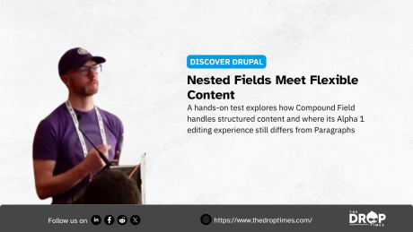 A conference speaker wearing a purple shirt and cap stands at a podium beside the article text. Text reads "DISCOVER DRUPAL. Nested Fields Meet Flexible Content. A hands-on test explores how Compound Field handles structured content and where its Alpha 1 editing experience still differs from Paragraphs. Follow us on. https://www.thedroptimes.com/. THE DROP TIMES."