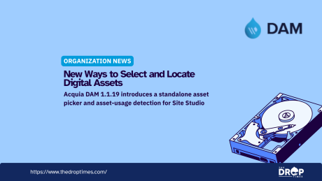 Acquia DAM 1.1.19 introduces a standalone asset picker and asset usage detection for Drupal Site Studio. Blue graphic features the DAM logo and a hard drive illustration.