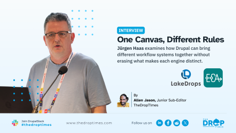 Interview graphic titled "One Canvas, Different Rules" featuring a gray haired man wearing glasses and speaking at a microphone beside the LakeDrops and workflow orchestration logos. The text reads "Jürgen Haas examines how Drupal can bring different workflow systems together without erasing what makes each engine distinct." The graphic credits "By Allen Jason, Junior Sub-Editor TheDropTimes" and includes "Join DrupalSlack" and "#thedroptimes" alongside The Drop Times branding and website.