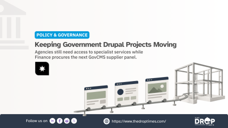 A row of website cards travels along a track toward an unfinished building framework. turning the procurement process into a visual journey that keeps government Drupal work moving while a new supplier arrangement is built. The poster reads "POLICY AND GOVERNANCE. Keeping Government Drupal Projects Moving. Agencies still need access to specialist services while Finance procures the next GovCMS supplier panel."