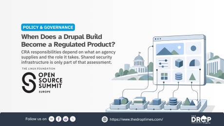 A large software interface connects to multiple components arranged on an assessment platform with government buildings in the background. The illustration represents how different parts of a Drupal implementation may carry distinct regulatory responsibilities depending on what an organisation supplies and the role it plays. The Open Source Summit Europe poster asks "When Does a Drupal Build Become a Regulated Product" and explores how CRA obligations extend beyond shared security infrastructure.