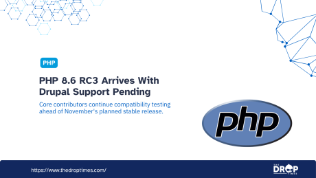 A large PHP logo and blue network graphics accompany the headline "PHP 8.6 RC3 Arrives With Drupal Support Pending." Core contributors continue compatibility testing ahead of the planned November release.