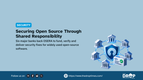 Security graphic showing six banks connected around a blue shield and verified code files. Text reads "Securing Open Source Through Shared Responsibility" and "Six major banks back OSERA to fund, verify and deliver security fixes for widely used open-source software."