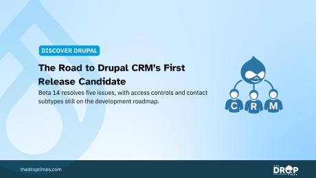 A light blue Drupal news graphic features a large faded Drupal logo in the background and a blue Drupal CRM illustration showing the Drupal mascot connected to three figures labeled C R M. The category label reads "DISCOVER DRUPAL" followed by the headline "The Road to Drupal CRM’s First Release Candidate" and the description "Beta 14 resolves five issues, with access controls and contact subtypes still on the development roadmap." The dark blue footer displays "thedroptimes.com" and The Drop Times logo.