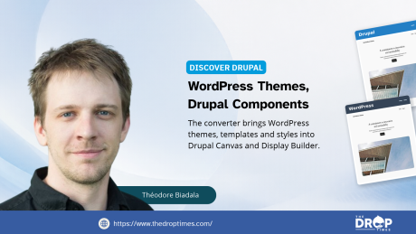 Théodore Biadala appears beside WordPress and Drupal website previews. The graphic titled "WordPress Themes. Drupal Components" explains how a converter brings WordPress themes and styles into Drupal Canvas and Display Builder.