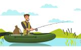 Illustration of a man fishing with a rod while rowing a rubber dingy boat. 