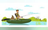 Illustration of a man fishing with a rod while rowing a rubber dingy boat. 