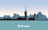 Drupal logo, in the background is New Zealand