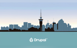 Drupal logo, in the background is New Zealand