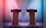 two tribunes for debate on stage illuminated by floodlights realistic colored composition 3d illustration