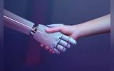 robot handshake human background, futuristic digital age