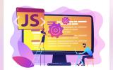 Programmers using JavaScript programming language on computer, tiny people. JavaScript language, JavaScript engine, JS web development concept. Bright vibrant violet isolated illustration