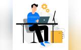 Computer generated graphics of a male wearing a round-neck t-shirt working on his laptop while a desktop screen is placed on the work-desk and the CPU is palced at the floor.