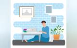 Young man stay at home using laptop