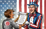  Uncle Sam, the quintessential symbol of the United States, proudly presenting a scroll to a representative of the DDEV Foundation.