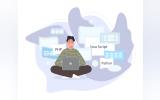 Software developers working of script coding. Engineer character programming in php, python, javascript, other languages