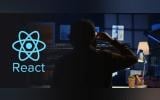 Logo or React and a photo of some web developer working at night shot from his back