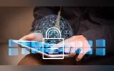 A man browsing internet and a security lock logo
