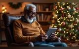 An old man looking at tab