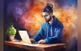 A man with tied hair and beard working on computer